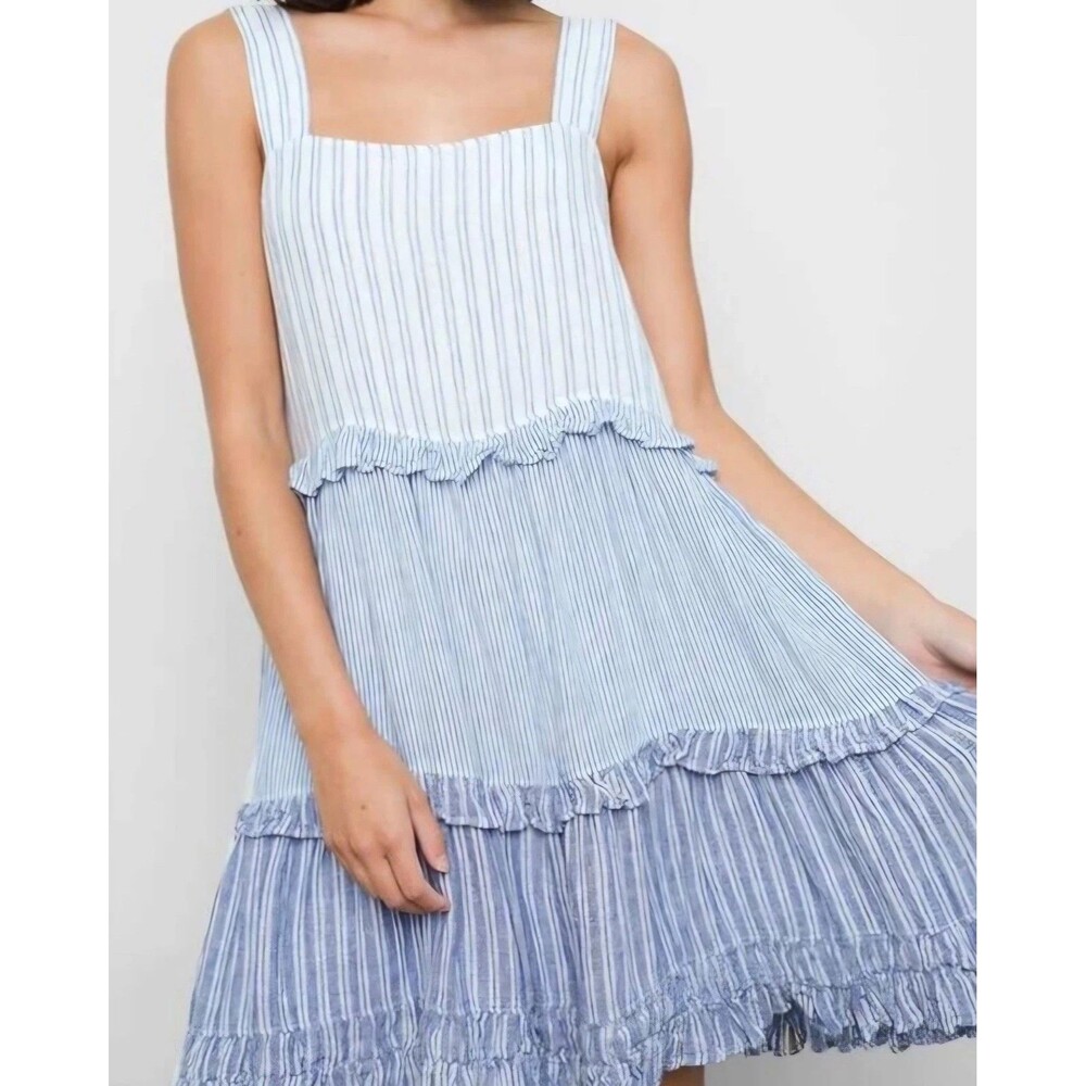 Rails Sandy Mixed Coast Stripe Linen Dress S Blue Sleeveless Ruffle